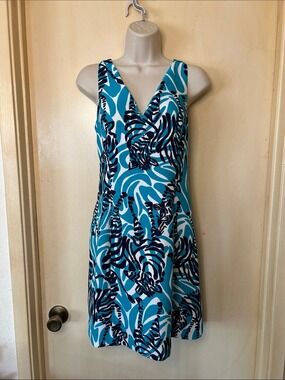 Lilly Pulitzer Teal V-Neck Mini Dress with abstract black and white size 6